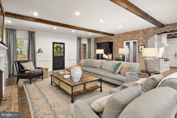 Fireplace, Interior, Living room, Recessed Lighting, Stone Walls, Wooden Beams, Wood Texture Flooring