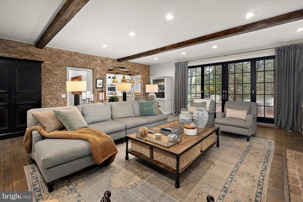 Interior, Living room, Recessed Lighting, Stone Walls, Wooden Beams, Wood Texture Flooring