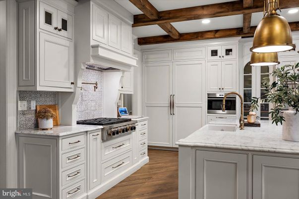 Interior, Kitchen, Pendant Lights, Recessed Lighting, Stainless Steel Appliances, Wooden Beams, Wood Texture Flooring