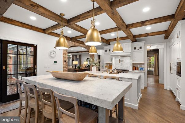 Interior, Kitchen, Pendant Lights, Recessed Lighting, Wooden Beams, Wood Texture Flooring