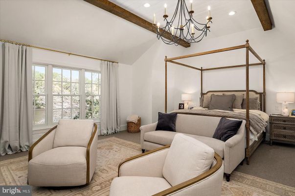 Bedroom, Chandelier, Interior, Recessed Lighting, Wooden Beams, Wood Texture Flooring