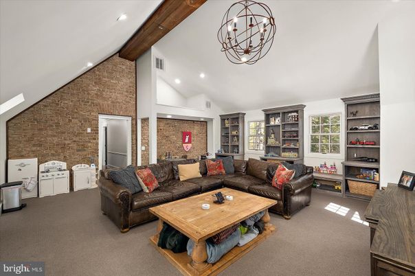 Interior, Living room, Recessed Lighting, Stone Walls, Wooden Beams