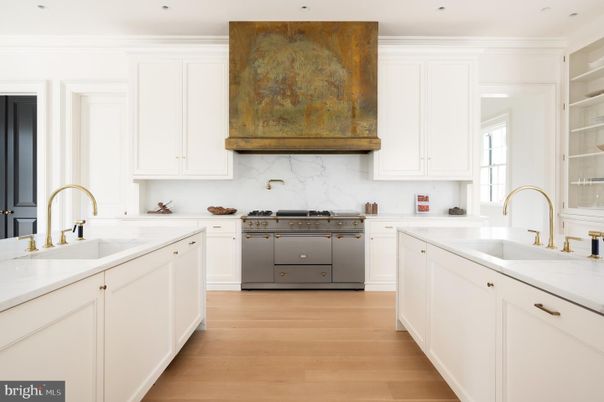 Interior, Kitchen, Marble Walls, Recessed Lighting, Wood Texture Flooring