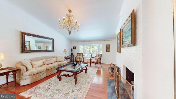 Chandelier, Fireplace, Interior, Living room, Stone Walls, Wood Texture Flooring