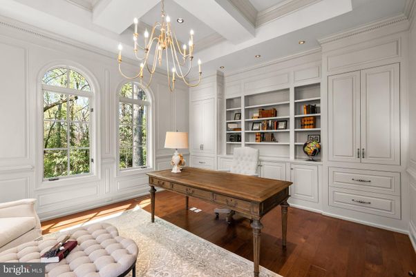 Chandelier, Home Office, Interior, Recessed Lighting, Wood Texture Flooring