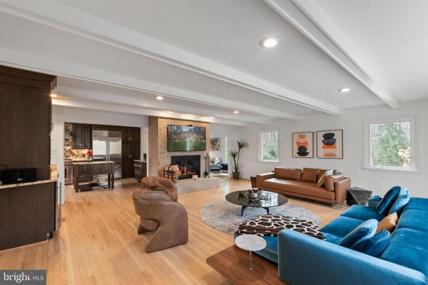 Fireplace, Interior, Kitchen, Living room, Recessed Lighting, Wood Texture Flooring