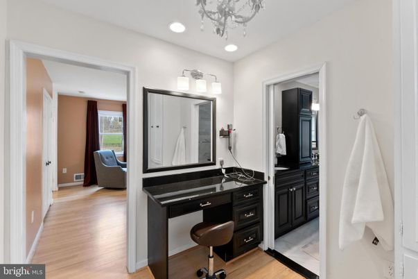 Bathroom, Dual Sink Vanities, Interior, Recessed Lighting, Wood Texture Flooring