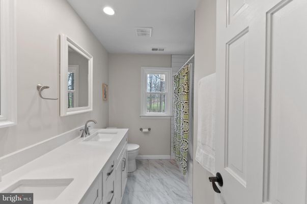 Bathroom, Dual Sink Vanities, Interior, Marble, Recessed Lighting