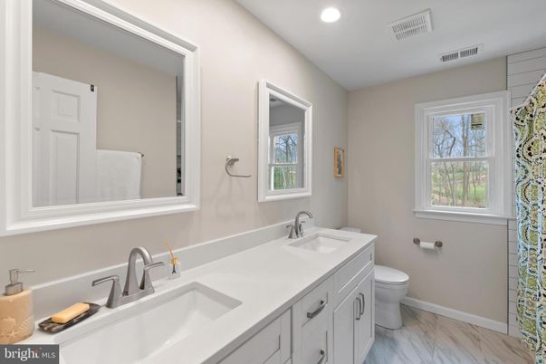 Bathroom, Dual Sink Vanities, Interior, Marble, Recessed Lighting