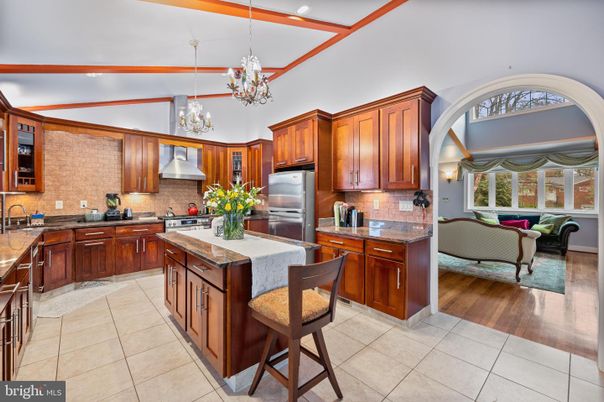 Chandelier, Interior, Kitchen, Living room, Pendant Lights, Stainless Steel Appliances, Wood Texture Flooring