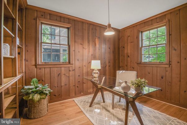 Home Office, Interior, Pendant Lights, Wood Texture Flooring, Wooden Walls