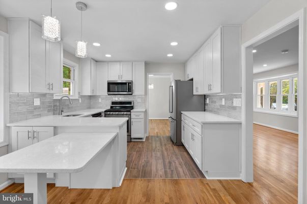 Interior, Kitchen, Pendant Lights, Recessed Lighting, Stainless Steel Appliances, Wood Texture Flooring