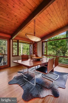 Dining room, Interior, Pendant Lights, Wooden Ceilings, Wood Texture Flooring