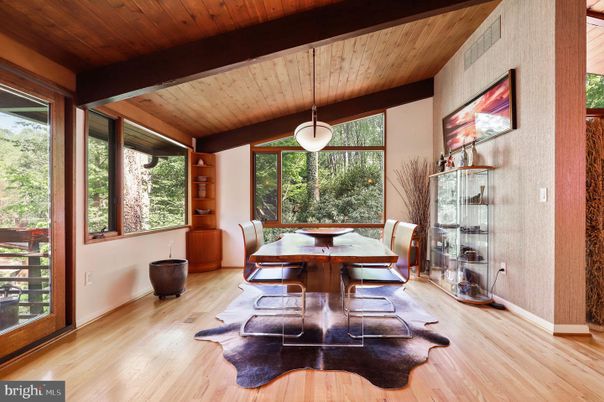Dining room, Interior, Pendant Lights, Wooden Beams, Wooden Ceilings, Wood Texture Flooring