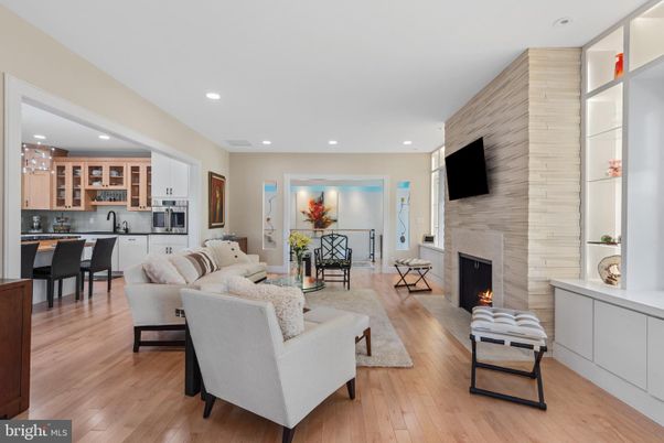 Dining room, Fireplace, Interior, Kitchen, Living room, Recessed Lighting, Wood Texture Flooring