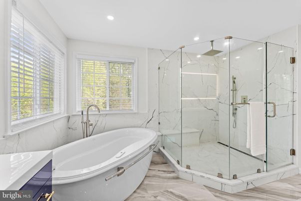 Bathroom, Glass Shower, Interior, Marble, Marble Walls, Recessed Lighting, Wood Texture Flooring
