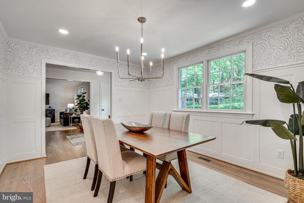 Dining room, Interior, Pendant Lights, Recessed Lighting, Wood Texture Flooring