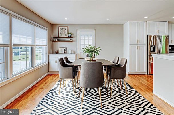 Dining room, Interior, Kitchen, Recessed Lighting, Stainless Steel Appliances, Wood Texture Flooring
