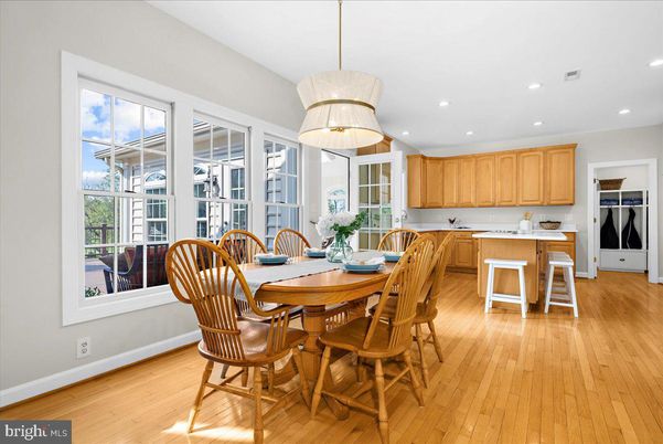 Dining room, Interior, Kitchen, Pendant Lights, Recessed Lighting, Wood Texture Flooring