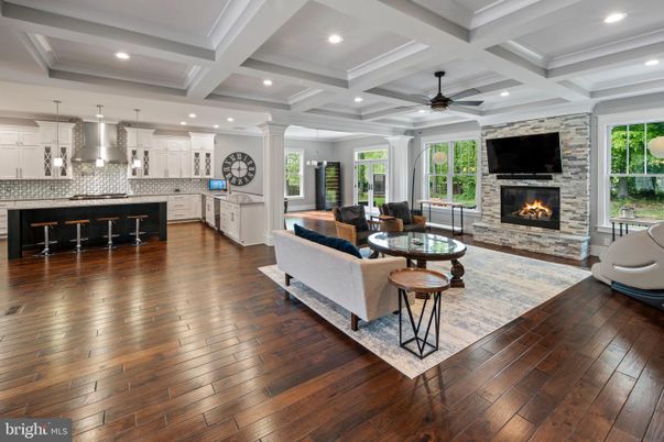Fireplace, Interior, Kitchen, Living room, Pendant Lights, Recessed Lighting, Stone Walls, Wood Texture Flooring
