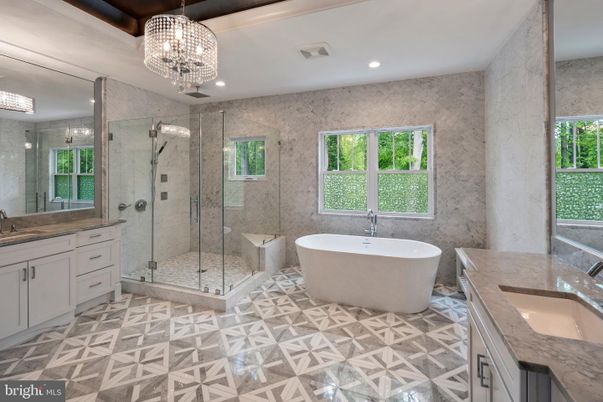 Bathroom, Chandelier, Dual Sink Vanities, Free Standing Baths, Glass Shower, Interior, Recessed Lighting