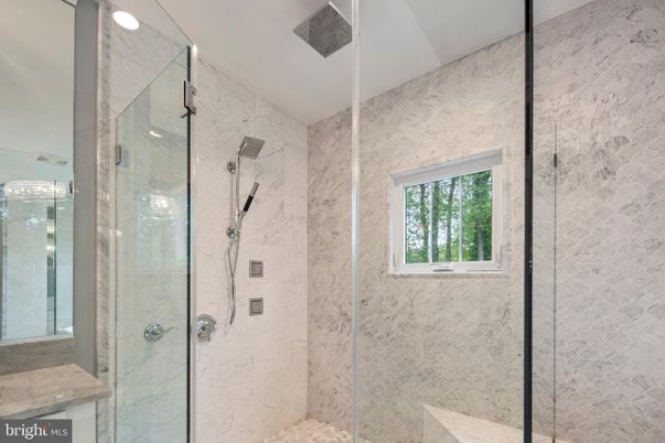 Bathroom, Glass Shower, Interior, Marble Walls, Recessed Lighting