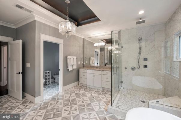 Bathroom, Chandelier, Dual Sink Vanities, Glass Shower, Interior, Marble Walls, Recessed Lighting