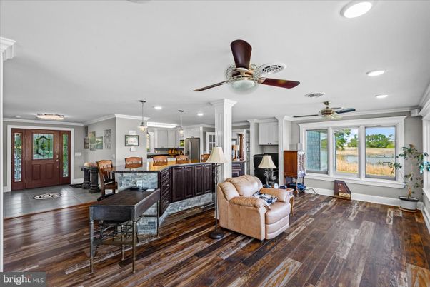 Dining room, Interior, Kitchen, Living room, Pendant Lights, Recessed Lighting, Wood Texture Flooring