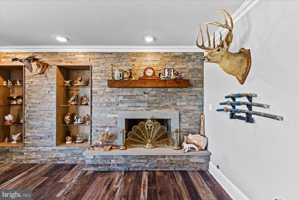 Fireplace, Interior, Recessed Lighting, Stone Walls, Wood Texture Flooring