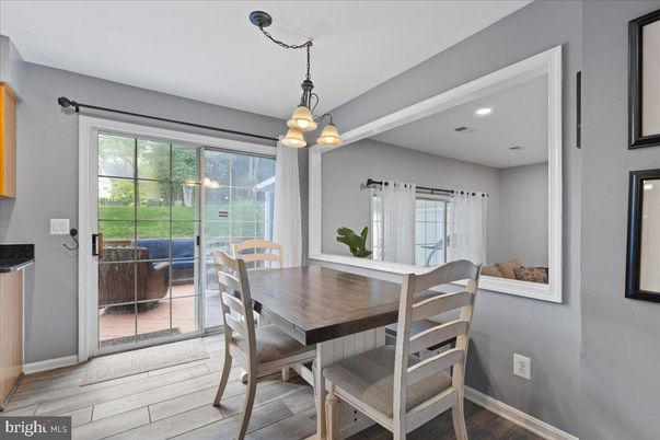 Dining room, Interior, Pendant Lights, Recessed Lighting, Wood Texture Flooring