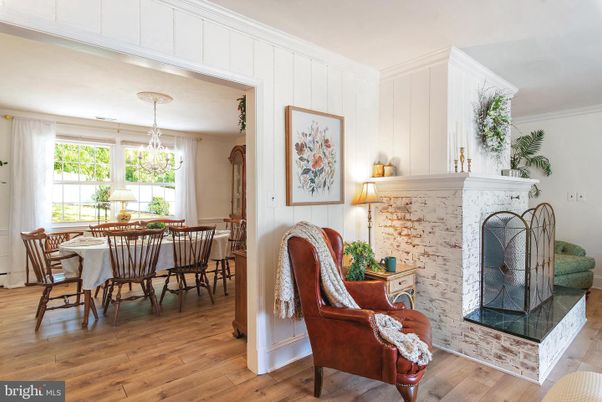 Dining room, Fireplace, Interior, Pendant Lights, Wood Texture Flooring