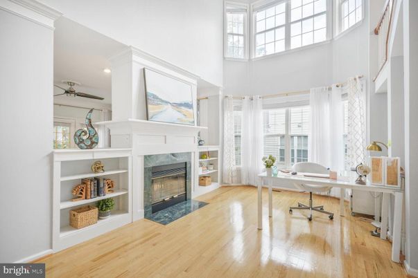Fireplace, Home Office, Interior, Recessed Lighting, Wood Texture Flooring