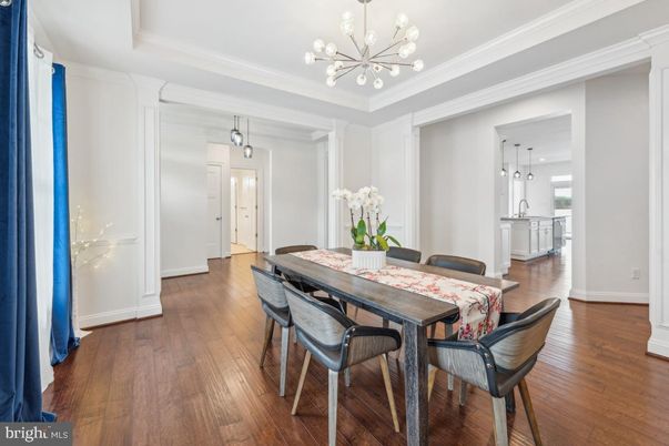 Dining room, Interior, Pendant Lights, Wood Texture Flooring