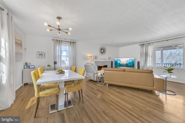 Dining room, Fireplace, Interior, Living room, Pendant Lights, Wood Texture Flooring