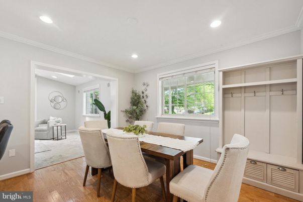 Dining room, Interior, Recessed Lighting, Wood Texture Flooring