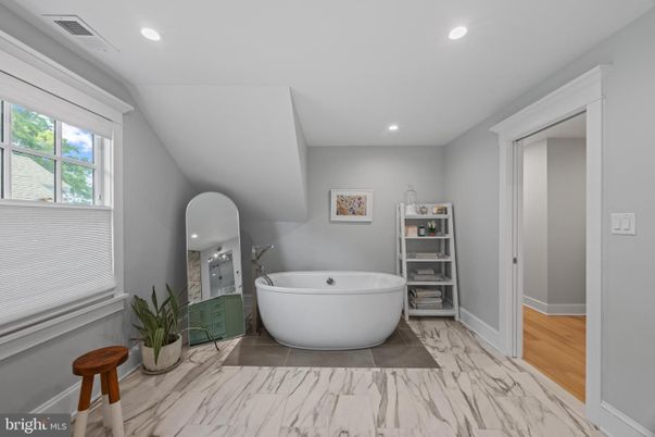 Bathroom, Free Standing Baths, Interior, Marble, Recessed Lighting