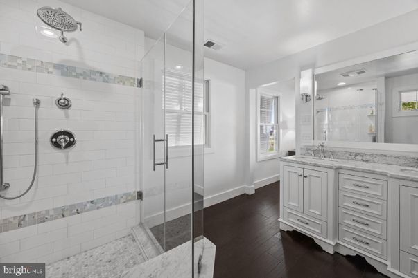 Bathroom, Glass Shower, Interior, Recessed Lighting, Wood Texture Flooring