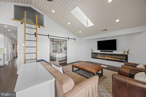 Bedroom, Fireplace, Interior, Living room, Recessed Lighting, Wood Texture Flooring