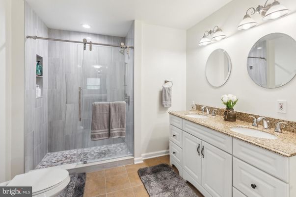 Bathroom, Dual Sink Vanities, Glass Shower, Interior, Recessed Lighting