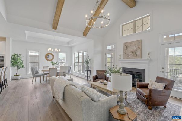 Chandelier, Dining room, Fireplace, Interior, Living room, Pendant Lights, Wooden Beams, Wood Texture Flooring