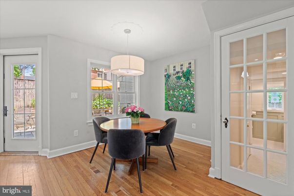 Dining room, Interior, Pendant Lights, Wood Texture Flooring