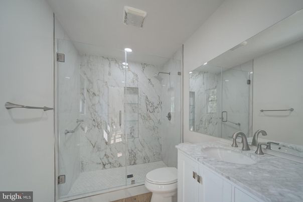 Bathroom, Glass Shower, Interior, Marble Walls, Recessed Lighting