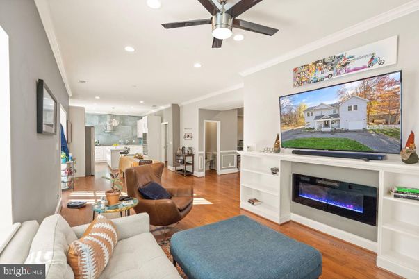 Dining room, Fireplace, Interior, Kitchen, Living room, Pendant Lights, Recessed Lighting, Wood Texture Flooring