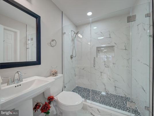 Bathroom, Glass Shower, Interior, Marble, Marble Walls, Recessed Lighting