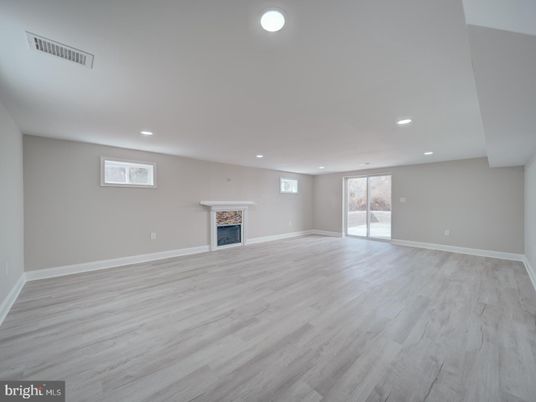 Empty room, Fireplace, Interior, Recessed Lighting, Wood Texture Flooring