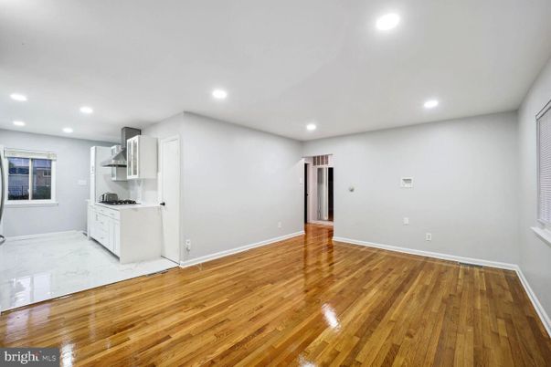 Empty room, Interior, Kitchen, Marble, Recessed Lighting, Wood Texture Flooring