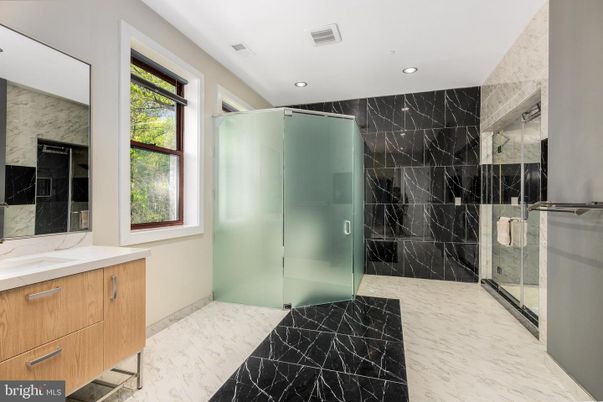 Bathroom, Glass Shower, Interior, Marble, Marble Walls, Recessed Lighting