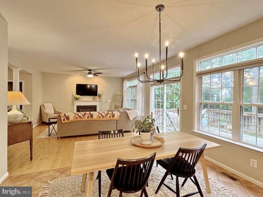 Chandelier, Dining room, Fireplace, Interior, Living room, Pendant Lights