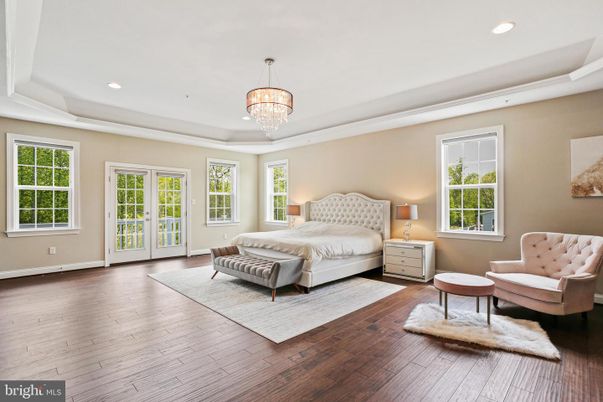 Bedroom, Chandelier, Interior, Recessed Lighting, Wood Texture Flooring