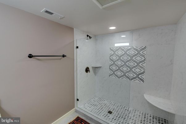 Bathroom, Glass Shower, Interior, Marble Walls, Recessed Lighting